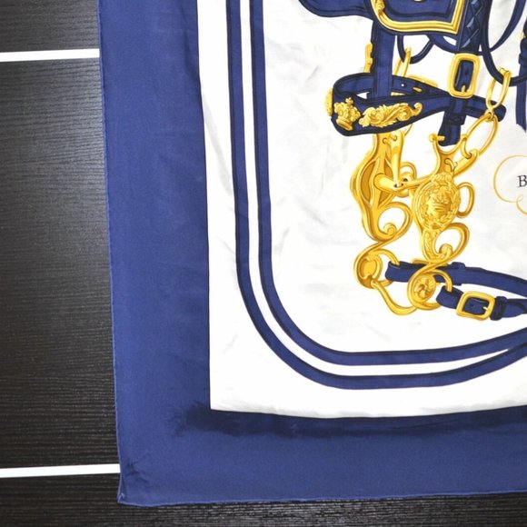 Authentic HERMES Carre 90 Scarf "BRIDES de GALA" Silk Navy Blue White - Picture 5 of 12